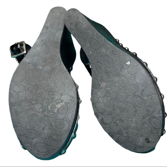 COACH RENAE CRINKLE PATENT SILVER STUD PLATFORM PEEP TOE SANDALS SIZE 6.5 Black - Picture 7 of 9